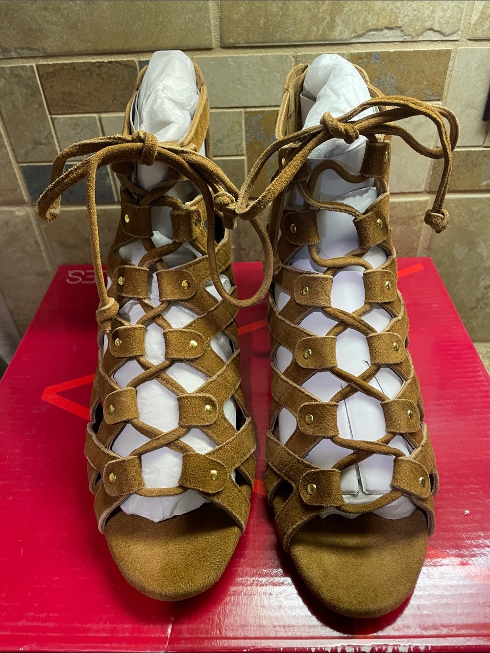 AEROSOLES Brown Suede Lace-Up Gladiator Heels